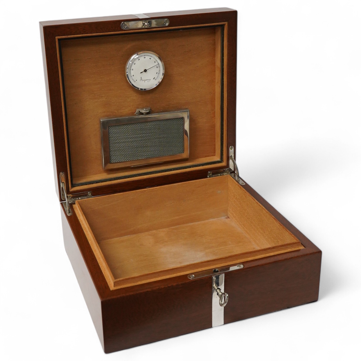 An Asprey & Co. silver mounted humidor, 2005, with key. 26cm wide. Condition - fair to good